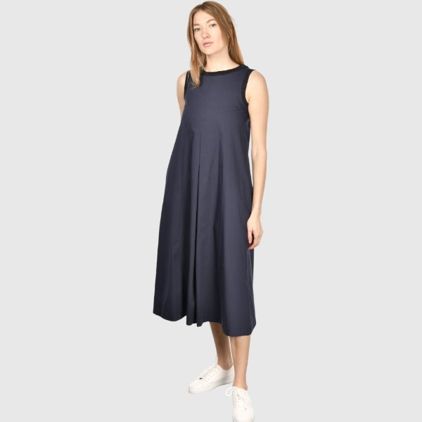 Gran Sasso: Navy Sleeveless Midi Dress with Pleated Front & Relaxed A-Line Fit
