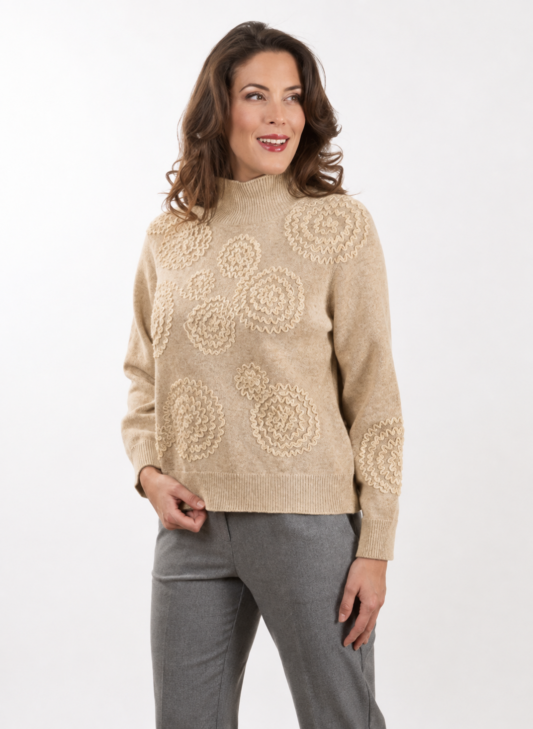 Rossana Pellegrini: Textured Floral Knit Sweater – Biscuit Beige | Made in Italy