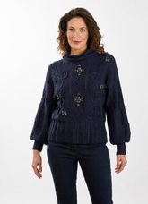 Rossana Pellegrini: Embellished Cable Knit Sweater – Navy | Made in Italy