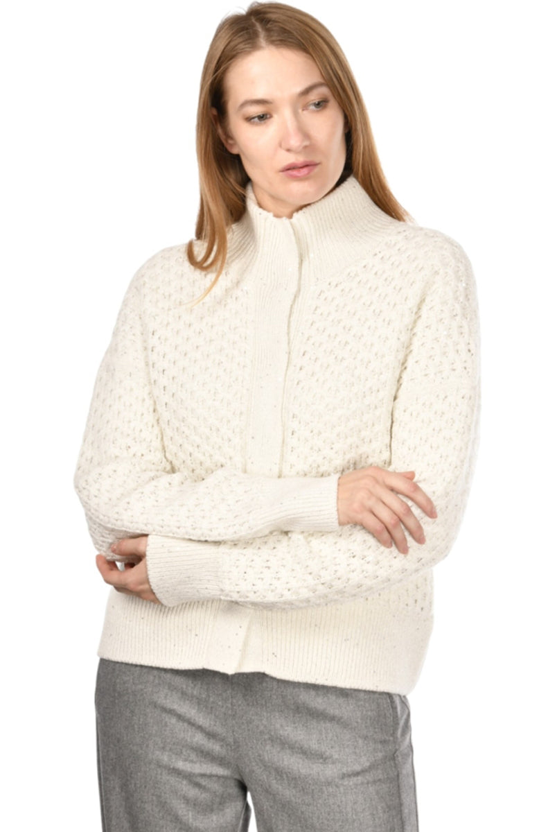 Gran Sasso Women’s Textured Snap-Front Knit Cardigan – Winter White with Silver