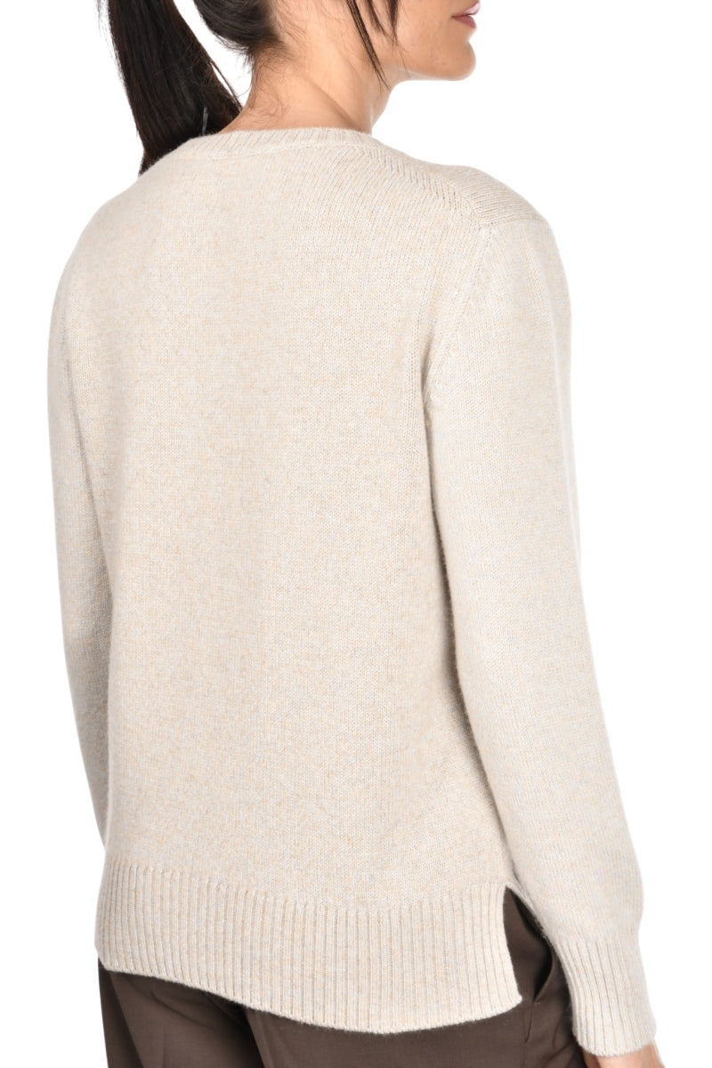 Gran Sasso Women’s Crew 100% Cashmere Neck Knit Sweater with Side Slits – Beige