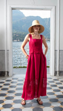 CLIPS: Elegant Linen Midi Dress – Deep Rasberry Embroidered Summer Dress for Women