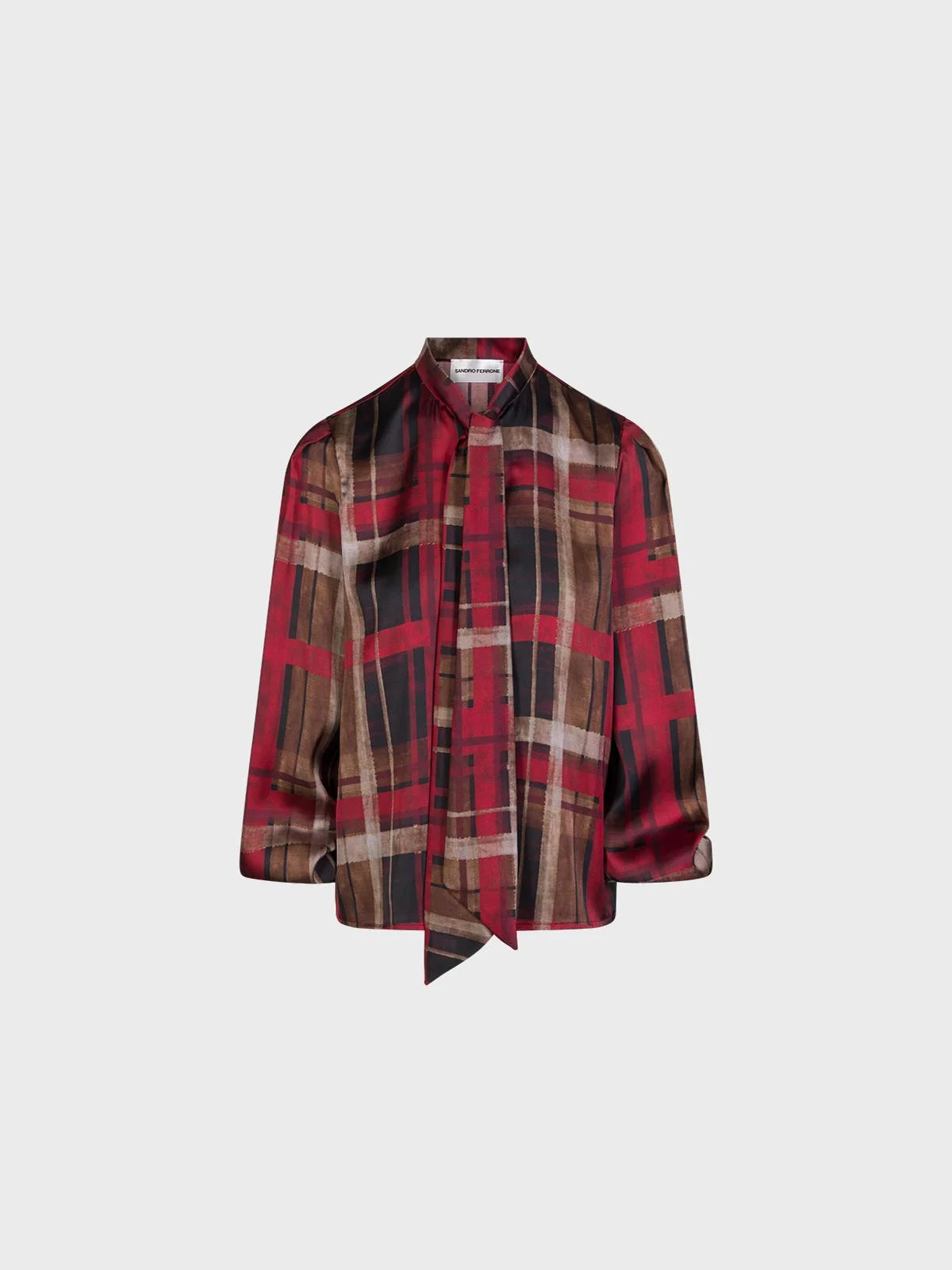 Sandro Ferrone: Plaid Tie-Neck Blouse – Burgundy & Brown