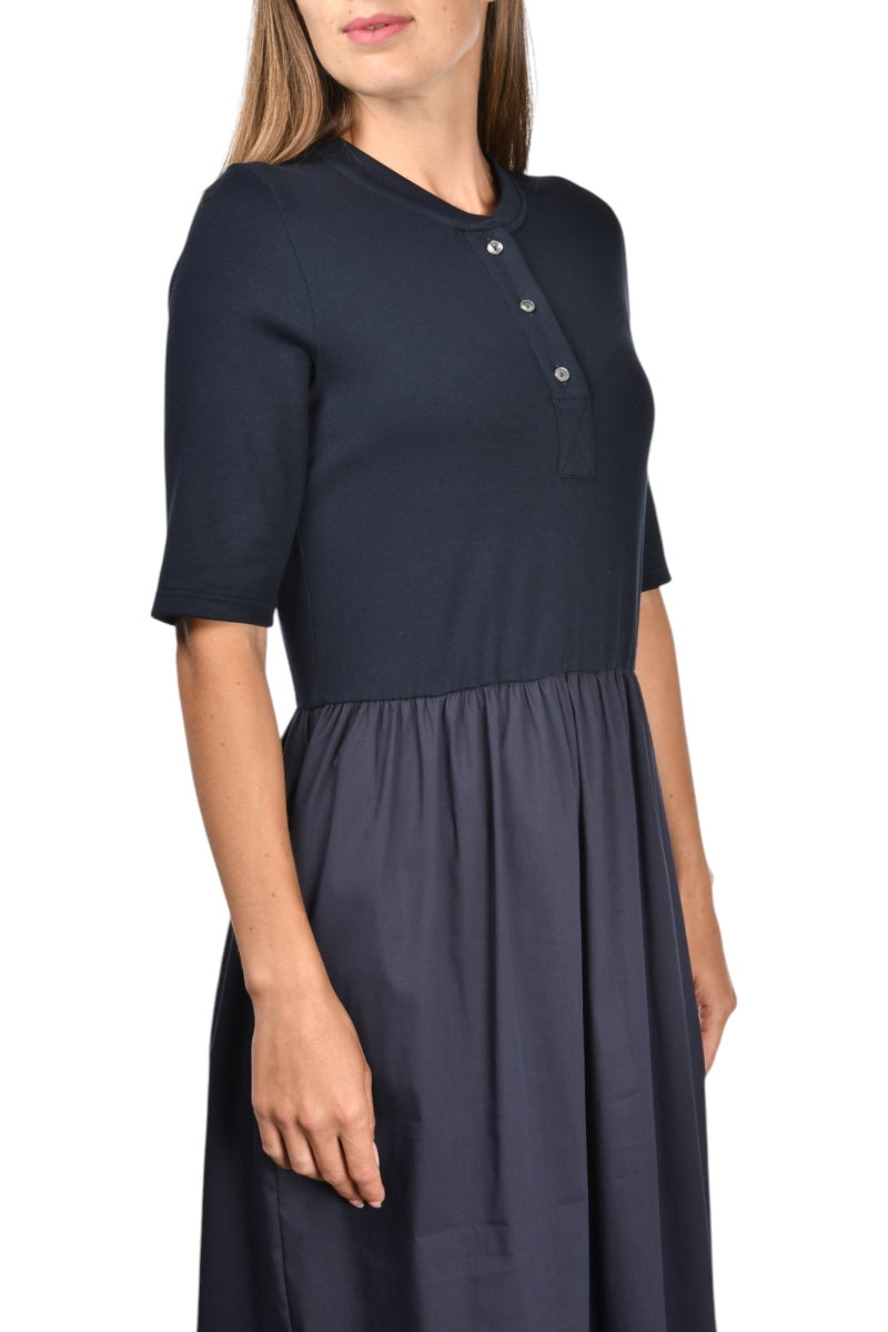 Gran Sasso: Navy Short Sleeve Midi Dress with Knit Top & Cotton Gathered Skirt