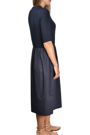 Gran Sasso: Navy Short Sleeve Midi Dress with Knit Top & Cotton Gathered Skirt
