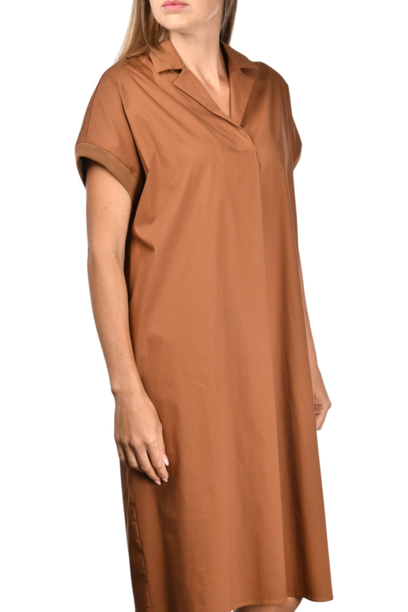 Gran Sasso: Caramel Short Sleeve Shirt Dress with Relaxed Fit & Collar Detail