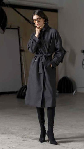 Sandro Ferrone: Belted Charcoal Trench Coat with slouched Silhouette