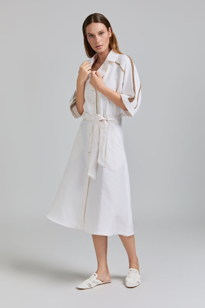 Tricot Chic: Belted Shirt Dress with Embellished Sleeves