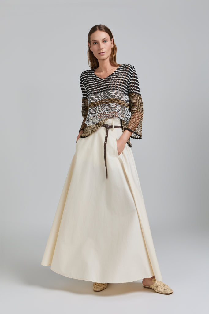 Tricot Chic: Striped Sheer Open-Knit V-Neck Sweater