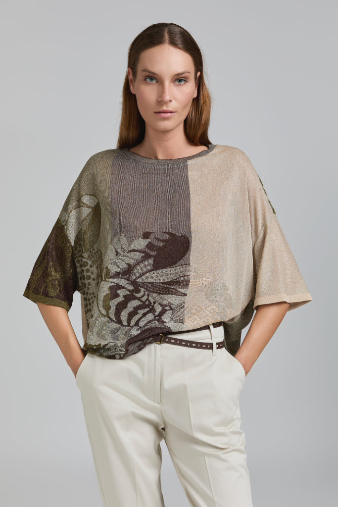 Tricot Chic: Art Print Colorblock Knit Top