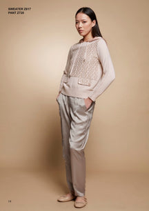Tricot Chic: Lace Knit Hooded Sweater | Women's Beige Italian Designer Pullover