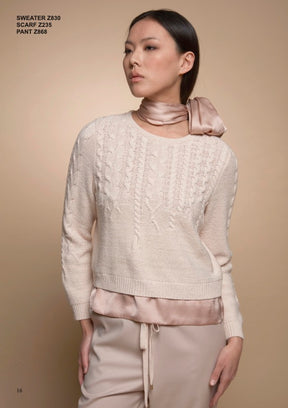 Tricot Chic: Cable Knit Sweater with Silk Hem | Women's Cream Italian Designer Sweater