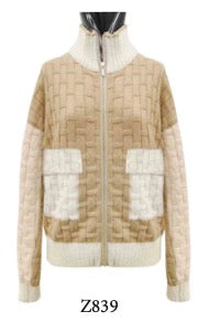 Tricot Chic: Color Block Knit Zip Cardigan | Beige & Ivory Sweater Jacket